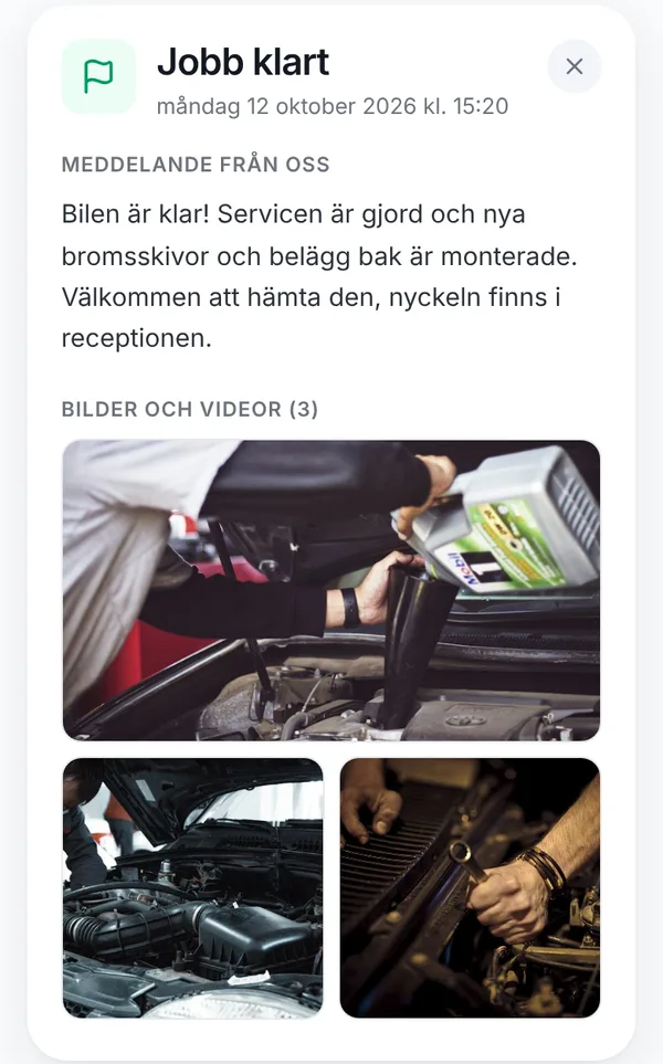 Uppdateringen Jobb klart i kundportalen med meddelande och bilder från verkstaden