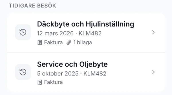 Tidigare besök i kundportalen: däckbyte och service med fakturor