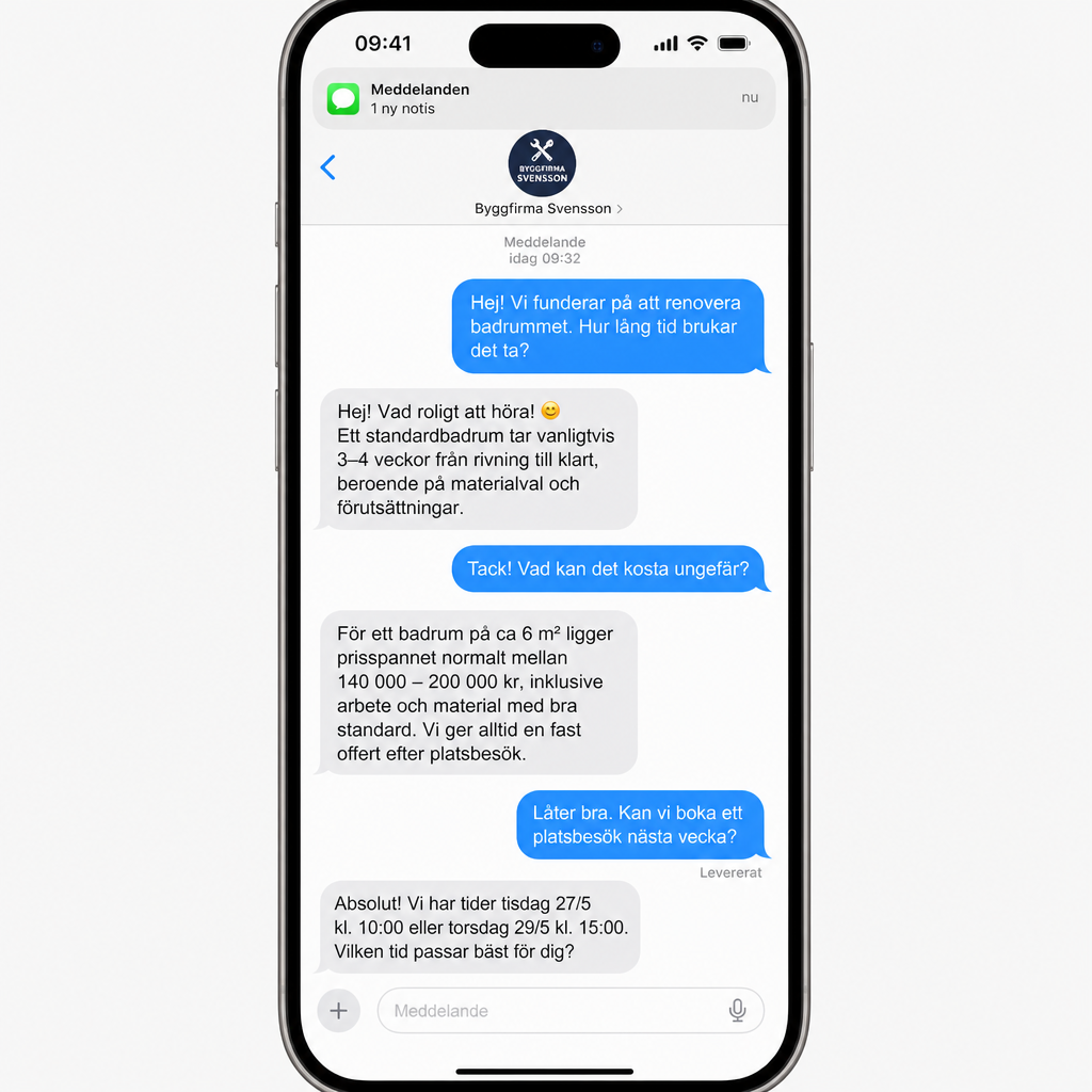 SMS-konversation där AI från Byggfirma Svensson svarar på frågor om badrumsrenovering och bokar en besiktning