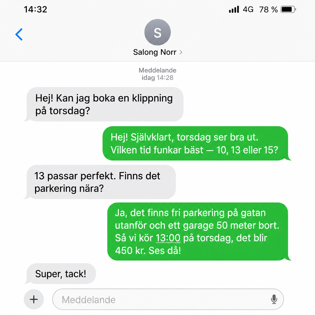SMS-konversation där AI från Salong Norr bokar en klippning och svarar på frågor