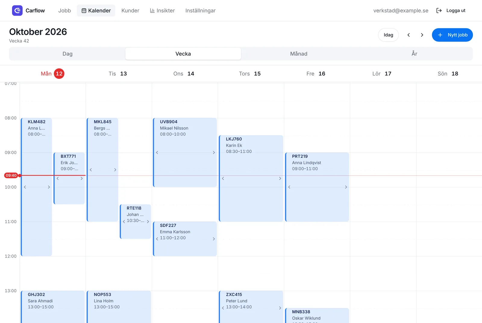 Veckovyn i Carflows kalender med veckans bokade bilar