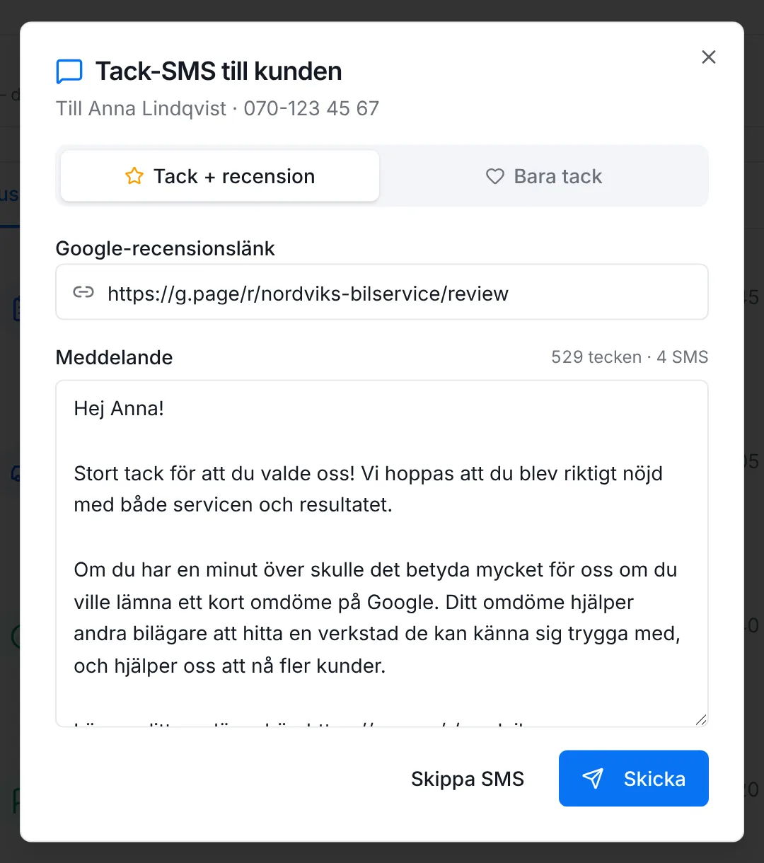 Dialogen Tack-SMS till kunden i Carflow med valet Tack + recension, Google-recensionslänk, meddelandet och knappen Skicka